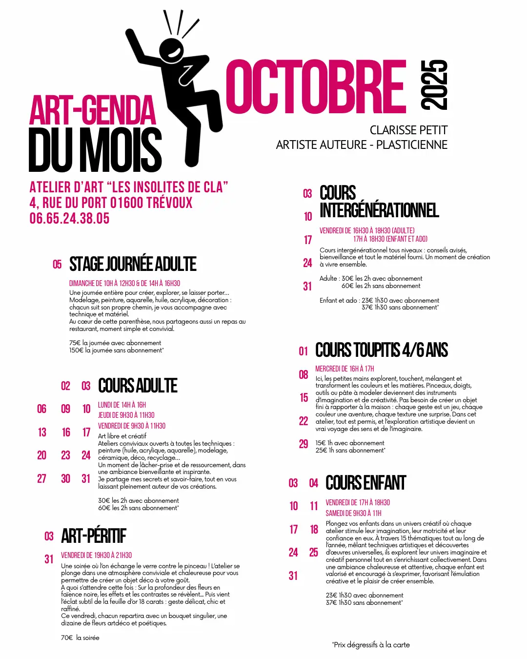 Programme Les insolites de Cla septembre 2025 Agenda Atelier d'art clarisse petit septembre 2025